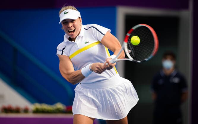 March 1, 2021, DOHA, QATAR: Anett Kontaveit of Estonia in action during her first-round match at the 2021 Qatar Total Open WTA, Tennis Damen 500 tournament against Jennifer Brady of the United States DOHA QATAR - ZUMAa181 20210301_zaa_a181_026 Copyright: xRobxPrangex