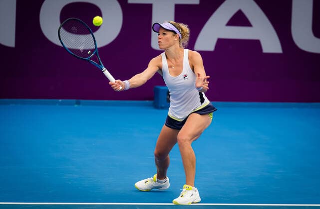 March 2, 2021, DOHA, QATAR: Laura Siegemund of Germany in action during her first round match at the 2021 Qatar Total Open WTA, Tennis Damen 500 tournament against Elena Rybakina of Kazakhstan DOHA QATAR - ZUMAa181 20210302_zaa_a181_020 Copyright: xRobxPrangex