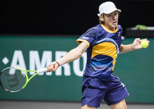 ROTTERDAM - Alex de Minaur (AUS) in action against John Millman (AUS) on the second day of the ABN AMRO World Tennis Tournament in Rotterdam, The Netherlands, 02 March 2021. The ATP, Tennis Herren tournament in Ahoy takes place without an audience due to the corona pandemic. ANP KOEN SUYK xVIxANPxSportx xxANPxIVx