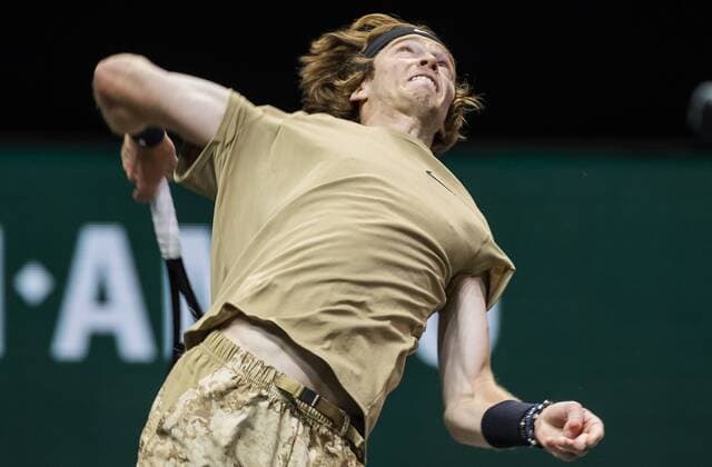ROTTERDAM - Andrey Rublev (RUS) in action against Marcos Giron (USA) on the second day of the ABN AMRO World Tennis Tournament in Rotterdam, The Netherlands, 02 March 2021. The ATP, Tennis Herren tournament in Ahoy takes place without an audience due to the corona pandemic. ANP KOEN SUYK xVIxANPxSportx xxANPxIVx