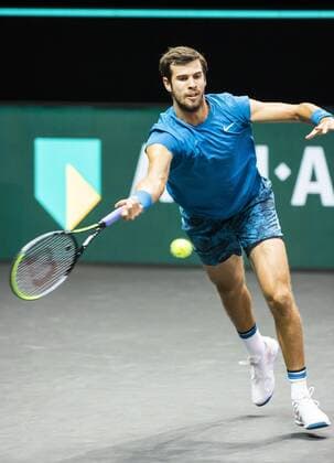 ROTTERDAM - Karen Khachanov (RUS) in action against Stan Wawrinka (SUI) on the second day of the ABN AMRO World Tennis Tournament in Rotterdam, The Netherlands, 02 March 2021. The ATP, Tennis Herren tournament in Ahoy takes place without an audience due to the corona pandemic. ANP KOEN SUYK xVIxANPxSportx xxANPxIVx
