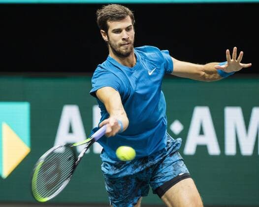 ROTTERDAM - Karen Khachanov (RUS) in action against Stan Wawrinka (SUI) on the second day of the ABN AMRO World Tennis Tournament in Rotterdam, The Netherlands, 02 March 2021. The ATP, Tennis Herren tournament in Ahoy takes place without an audience due to the corona pandemic. ANP KOEN SUYK xVIxANPxSportx xxANPxIVx