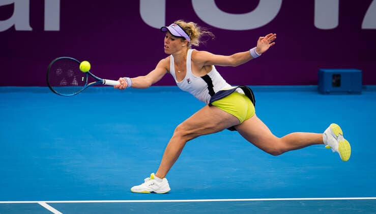 March 2, 2021, DOHA, QATAR: Laura Siegemund of Germany in action during her first round match at the 2021 Qatar Total Open WTA, Tennis Damen 500 tournament against Elena Rybakina of Kazakhstan DOHA QATAR - ZUMAa181 20210302_zaa_a181_021 Copyright: xRobxPrangex
