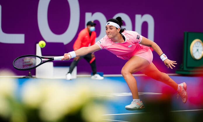 March 2, 2021, DOHA, QATAR: Ons Jabeur of Tunisia in action during her first round match at the 2021 Qatar Total Open WTA, Tennis Damen 500 tournament against Anna Blinkova of Russia DOHA QATAR - ZUMAa181 20210302_zaa_a181_050 Copyright: xRobxPrangex