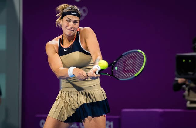 March 3, 2021, DOHA, QATAR: Aryna Sabalenka of Belarus in action during her second-round match at the 2021 Qatar Total Open WTA, Tennis Damen 500 tournament against Garbine Muguruza of Spain DOHA QATAR - ZUMAa181 20210303_zaa_a181_116 Copyright: xRobxPrangex