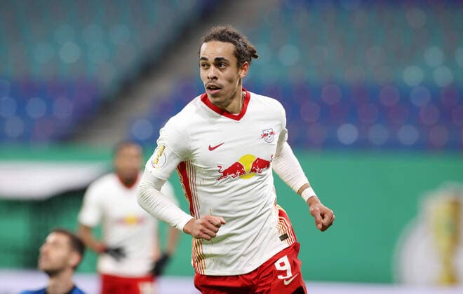 RB Leipzig - Wolfsburg 03.03.2021 Leipzig, 03.03.2021, Red Bull Arena, Fussball, DFB Pokal, Viertelfinale , RB Leipzig vs. VfL Wolfsburg , Tor für Leipzig zum 1:0. Im Bild: Torschütze Yussuf Poulsen (9, RB Leipzig), Torjubel. , DFB regulations prohibit any use of photographs as image sequences and or quasi-video , *** RB Leipzig Wolfsburg 03 03 2021 Leipzig, 03 03 2021, Red Bull Arena, Football, DFB Pokal, Quarterfinal , RB Leipzig vs VfL Wolfsburg , Goal for Leipzig to 1 0 Im Bild Torschütze Yussuf Poulsen 9, RB Leipzig , Torjubel , DFB regulations prohibit any use of photographs as image sequences and or quasi video ,