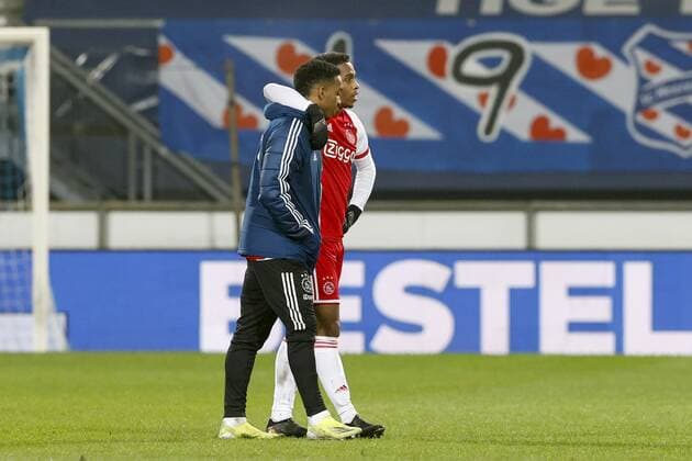 HEERENVEEN , 03-03-2021 , Abe Lenstra Stadion , Dutch football , KNVB Beker semi-final , season 2020 2021. Ajax player Jurrien Timber and Quinten Timber after the match Heerenveen vs Ajax Heerenveen - Ajax (cup)  x10980232x Copyright: