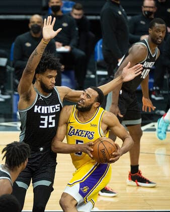 March 3, 2021, Sacramento, CA, USA: Sacramento Kings forward Marvin Bagley III (35) fouls Los Angeles Lakers guard Talen Horton-Tucker (5) in the second quarter during a game at Golden 1 Center on Wednesday, Mar. 3, 2021 in Sacramento. Sacramento USA - ZUMAj89_ 20210303_zaf_j89_008 Copyright: xPaulxKitagakixJr.x