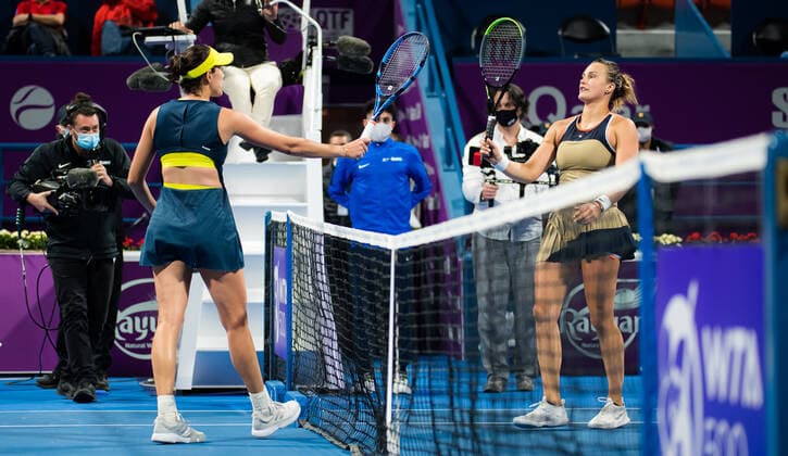 March 3, 2021, DOHA, QATAR: Garbine Muguruza of Spain & Aryna Sabalenka of Belarus after their second-round match at the 2021 Qatar Total Open WTA, Tennis Damen 500 tournament DOHA QATAR - ZUMAa181 20210303_zaa_a181_130 Copyright: xRobxPrangex