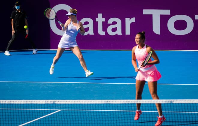 March 3, 2021, DOHA, QATAR: Kiki Bertens of the Netherlands playing doubles with Lesley Pattinama Kerkhove at the 2021 Qatar Total Open WTA, Tennis Damen 500 tournament DOHA QATAR - ZUMAa181 20210303_zaa_a181_168 Copyright: xRobxPrangex