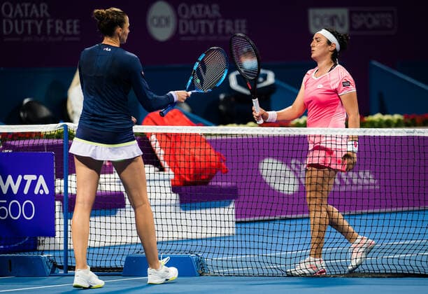 March 4, 2021, DOHA, QATAR: Karolina Pliskova of the Czech Republic & Ons Jabeur of Tunisia at the net after their second round match at the 2021 Qatar Total Open WTA, Tennis Damen 500 tournament DOHA QATAR - ZUMAa181 20210304_zaa_a181_007 Copyright: xRobxPrangex
