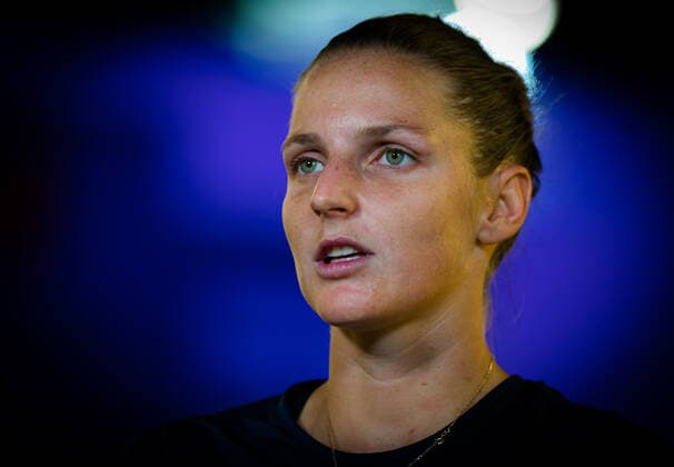 March 4, 2021, DOHA, QATAR: Karolina Pliskova of the Czech Republic talks to the media after her second round match at the 2021 Qatar Total Open WTA, Tennis Damen 500 tournament DOHA QATAR - ZUMAa181 20210304_zaa_a181_010 Copyright: xRobxPrangex