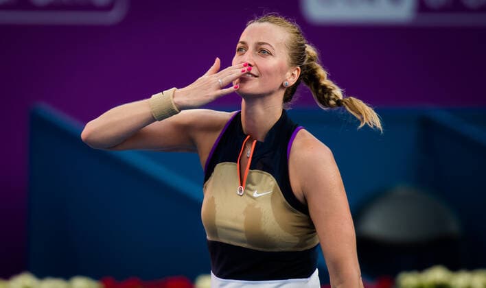 March 4, 2021, DOHA, QATAR: Petra Kvitova of the Czech Republic celebrates during the quarterfinals of the 2021 Qatar Total Open WTA, Tennis Damen 500 tournament against Anett Kontaveit of Estonia DOHA QATAR - ZUMAa181 20210304_zaa_a181_049 Copyright: xRobxPrangex