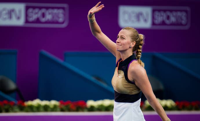 March 4, 2021, DOHA, QATAR: Petra Kvitova of the Czech Republic celebrates during the quarterfinals of the 2021 Qatar Total Open WTA, Tennis Damen 500 tournament against Anett Kontaveit of Estonia DOHA QATAR - ZUMAa181 20210304_zaa_a181_050 Copyright: xRobxPrangex