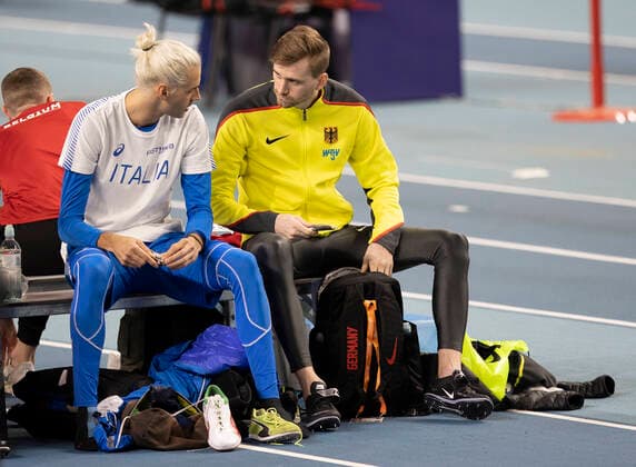 European Athletics Indoor Championships 2021, Torun Gianmarco Tamberi (ITA) und Mateusz Przybylko (GER TSV Bayer 04 Leverkusen) - European Athletics Indoor Championships 2021 am 04.03.21 in der Arena Torun in Torun, Polen. Copyright: xBEAUTIFULxSPORTS AxelxKohringx