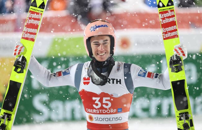 Bilder des Jahres 2021, Sport 03 März Sport Themen der Woche KW09 Sport Bilder des Tages NORDIC SKIING - FIS Nordic World Ski Championships Oberstdorf 2021 OBERSTDORF,GERMANY,05.MAR.21 - NORDIC SKIING, Ski jumping, Skispringen, Ski, nordisch - FIS Nordic World Ski Championships, large hill, men. Image shows the rejoicing of Stefan Kraft (AUT). GEPAxpictures xChristianxWalgram
