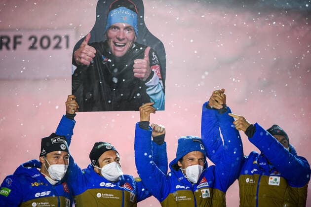 Nordische Ski WM in Oberstdorf, Langlauf, 4x10km Staffel der Herren, Siegerehrung 210305 ules Lapierre, Clement Parisse, Maurice Manificat and Hugo Lapalus of France celebrate at a medal ceremony for Men s Cross Country Skiing 4x10 Relay during the FIS Nordic Ski World Championships on March 5, 2021 in Oberstdorf. Photo: Johanna Lundberg BILDBYRAN kod JL JL0099 skidor cross-country skiing langrenn fis nordic world ski championships vm ski-vm skid-vm medaljceremoni medal ceremony 9 bbeng jubel Copyright: JOHANNAxLUNDBERG BB210305JL131