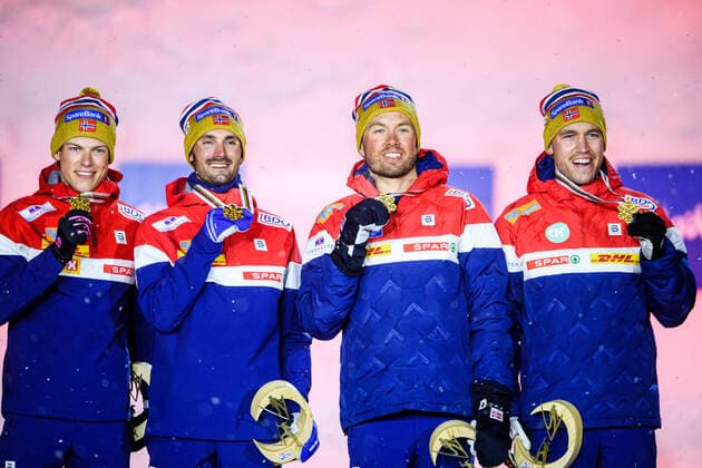 Nordische Ski WM in Oberstdorf, Langlauf, 4x10km Staffel der Herren, Siegerehrung 210305 Pal Golberg, Emil Iversen, Hans Christer Holund and Johannes Hosflot Klaebo of Norway celebrate with their gold medals at a medal ceremony for Men s Cross Country Skiing 4x10 Relay during the FIS Nordic Ski World Championships on March 5, 2021 in Oberstdorf. Photo: Johanna Lundberg BILDBYRAN kod JL JL0099 skidor cross-country skiing langrenn fis nordic world ski championships vm ski-vm skid-vm medaljceremoni medal ceremony 9 bbeng jubel Copyright: JOHANNAxLUNDBERG BB210305JL135