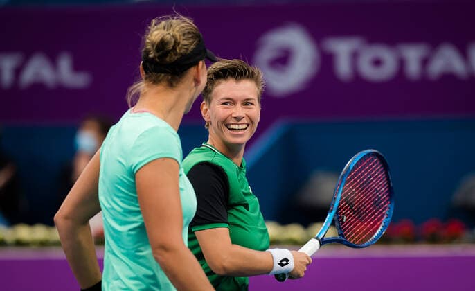 March 5, 2021, DOHA, QATAR: Nicole Melichar of the United States with partner Demi Schuurs in action during the doubles final of the 2021 Qatar Total Open WTA, Tennis Damen 500 tournament DOHA QATAR - ZUMAa181 20210305_zaa_a181_247 Copyright: xRobxPrangex