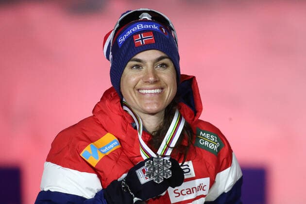BAVARIA, GERMANY â€“ MARCH 6, 2021: Silver medallist Heidi Weng of Norway smiles during the medal ceremony for the womenâ€™s 30 km mass start classical cross-country competition at the 2021 FIS Nordic World Ski Championships in Oberstdorf, a resort in the Allgau Alps of Bavaria, Germany. Sergei Bobylev TASS  TS0F8BB9