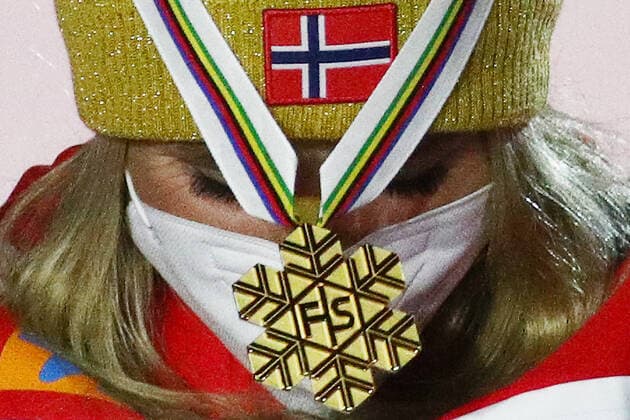 BAVARIA, GERMANY â€“ MARCH 6, 2021: Gold medal winner Therese Johaug is seen during the medal ceremony for the womenâ€™s 30 km mass start classical cross-country competition at the 2021 FIS Nordic World Ski Championships in Oberstdorf, a resort in the Allgau Alps of Bavaria, Germany. Sergei Bobylev TASS  TS0F8BBB