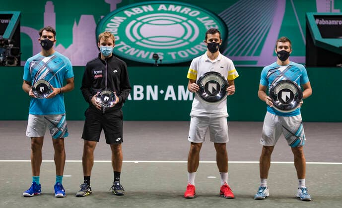 Rotterdam, The Netherlands,7 march 2021, ABNAMRO World Tennis Tournament, Ahoy, Doubles final: runners up (L) Kevin Krawietz (GER) Horia Tecau (ROU) and finalists Nikola Mektic (CRO) Mate Pavic (CRO) (R). Photo: .tennisimages.com henkkoster  Copyright: xHenkxKosterx