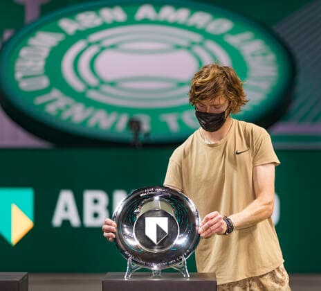 Rotterdam, The Netherlands,7 march 2021, ABNAMRO World Tennis Tournament, Ahoy, Final: Finalist Andrey Rublev (RUS) receives price. Photo: .tennisimages.com  Copyright: xHenkxKosterx