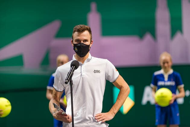 Rotterdam, The Netherlands,7 march 2021, ABNAMRO World Tennis Tournament, Ahoy, Final: Finalist Andrey Rublev (RUS) receives price. Photo: .tennisimages.com  Copyright: xHenkxKosterx