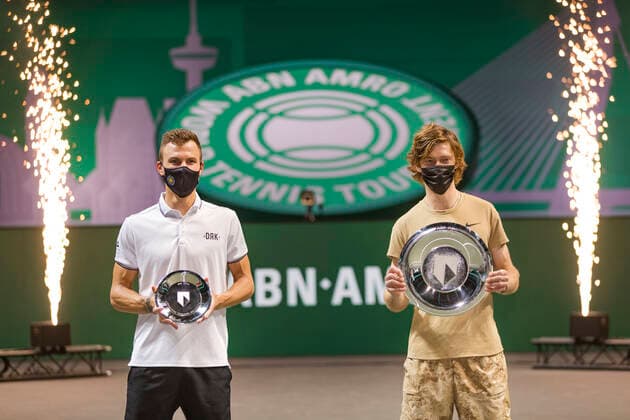 Rotterdam, The Netherlands,7 march 2021, ABNAMRO World Tennis Tournament, Ahoy, Final: Finalist Andrey Rublev (RUS) (L) and runner up Marton Fucsovics (R) receive price. Photo: .tennisimages.com  Copyright: xHenkxKosterx