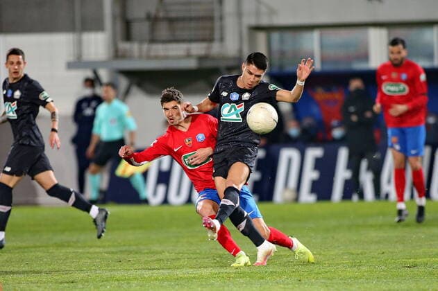 Sonny Duflos (GFCA) vs Luiz ARAUJO (LOSC) FOOTBALL : GFC Ajaccio vs Lille - Coupe de France - 16es de finale - 07 03 2021 GerardPierlovisi Panoramic 