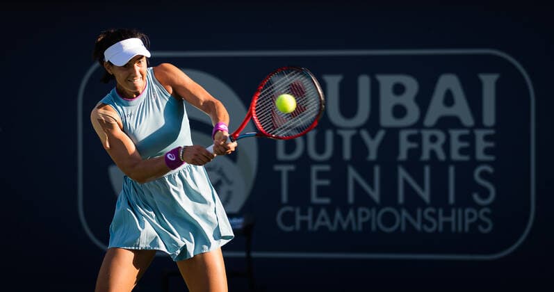 March 8, 2021, DUBAI, UNITED ARAB EMIRATES: Caroline Garcia of France in action during the first round of the 2021 Dubai Duty Free Tennis Championships WTA, Tennis Damen 1000 tournament against Angelique Kerber of Germany DUBAI UNITED ARAB EMIRATES - ZUMAa181 20210308_zaa_a181_081 Copyright: xRobxPrangex