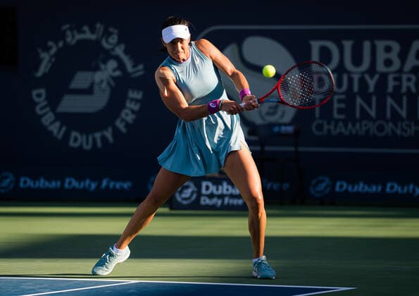 March 8, 2021, DUBAI, UNITED ARAB EMIRATES: Caroline Garcia of France in action during the first round of the 2021 Dubai Duty Free Tennis Championships WTA, Tennis Damen 1000 tournament against Angelique Kerber of Germany DUBAI UNITED ARAB EMIRATES - ZUMAa181 20210308_zaa_a181_086 Copyright: xRobxPrangex