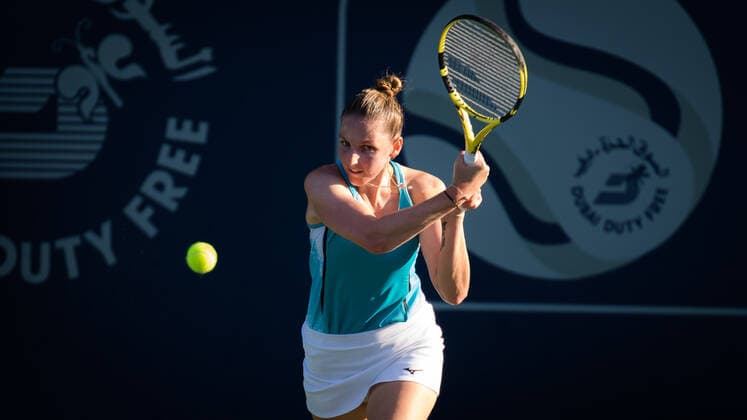 March 8, 2021, DUBAI, UNITED ARAB EMIRATES: Kristyna Pliskova of the Czech Republic in action during the first round of the 2021 Dubai Duty Free Tennis Championships WTA, Tennis Damen 1000 tournament against Tereza Martincova of the Czech Republic DUBAI UNITED ARAB EMIRATES - ZUMAa181 20210308_zaa_a181_096 Copyright: xRobxPrangex