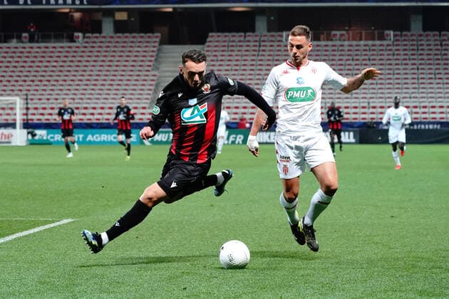 Amine Gouiri (OGC Nice) - Ruben Aguilar (AS Monaco) FOOTBALL : OGC Nice vs AS Monaco - 16 eme de finale de coupe de France - Nice - 08 03 2021 NorbertScanella PanoramiC 