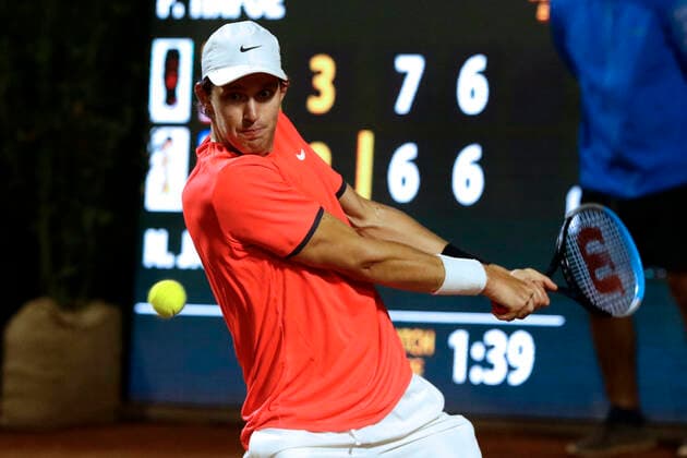 Santiago 8 Marzo 2021 El tenista Chileno Nicolas Jarry se enfrenta al tenista FrancesTiafoe de Estados UnidosChileno Nicolas Jarry durante el ATP, Tennis Herren de Santiago realizado en San Carlos de Apoquindo. Javier Salvo Photosport ATP de Santiago 8 3 2021