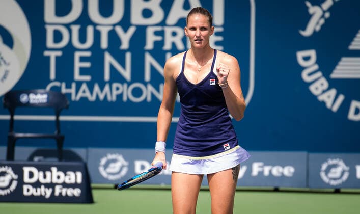 March 9, 2021, DUBAI, UNITED ARAB EMIRATES: Karolina Pliskova of the Czech Republic in action during the second round of the 2021 Dubai Duty Free Tennis Championships WTA, Tennis Damen 1000 tournament against Anastasija Sevastova of Latvia DUBAI UNITED ARAB EMIRATES - ZUMAa181 20210309_zaa_a181_033 Copyright: xRobxPrangex