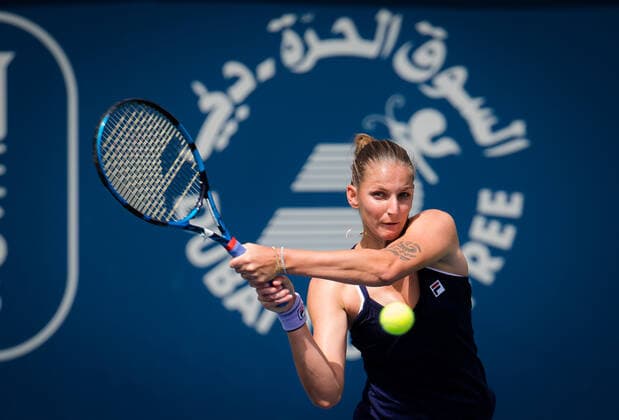 March 9, 2021, DUBAI, UNITED ARAB EMIRATES: Karolina Pliskova of the Czech Republic in action during the second round of the 2021 Dubai Duty Free Tennis Championships WTA, Tennis Damen 1000 tournament against Anastasija Sevastova of Latvia DUBAI UNITED ARAB EMIRATES - ZUMAa181 20210309_zaa_a181_034 Copyright: xRobxPrangex