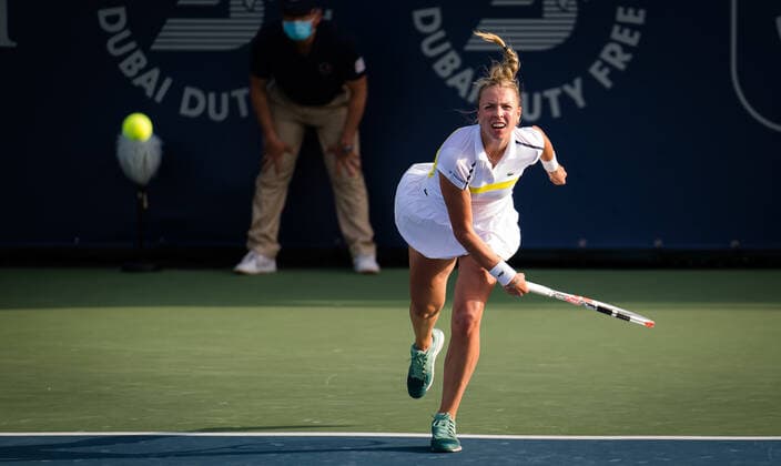 March 9, 2021, DUBAI, UNITED ARAB EMIRATES: Anett Kontaveit of Estonia in action during the second round of the 2021 Dubai Duty Free Tennis Championships WTA, Tennis Damen 1000 tournament against Sorana Cirstea of Romania DUBAI UNITED ARAB EMIRATES - ZUMAa181 20210309_zaa_a181_099 Copyright: xRobxPrangex