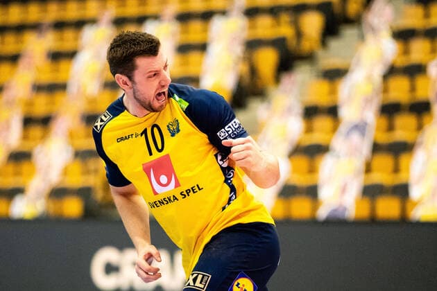 210309 Niclas Ekberg of Sweden celebrates during the EHF EURO Qualification, EM, Europameisterschaft match between Sweden and Montenegro on March 9, 2021 in Lund. Copyright: MATHILDAxAHLBERG BB210309BB308