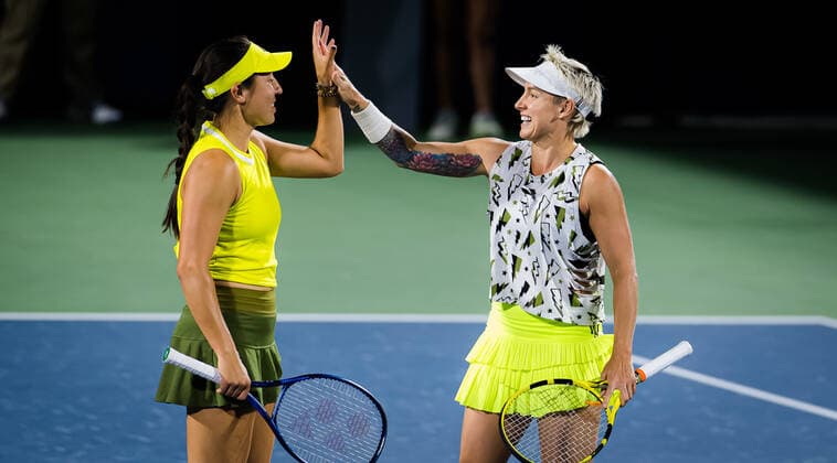 March 9, 2021, DUBAI, UNITED ARAB EMIRATES: Jessica Pegula & Bethanie Mattek-Sands of the United States playing doubles at the 2021 Dubai Duty Free Tennis Championships WTA, Tennis Damen 1000 tournament DUBAI UNITED ARAB EMIRATES - ZUMAa181 20210309_zaa_a181_181 Copyright: xRobxPrangex
