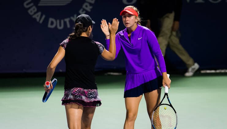March 9, 2021, DUBAI, UNITED ARAB EMIRATES: Monica Niculescu of Romania & Anastasia Potapova of Russia playing doubles at the 2021 Dubai Duty Free Tennis Championships WTA, Tennis Damen 1000 tournament DUBAI UNITED ARAB EMIRATES - ZUMAa181 20210309_zaa_a181_183 Copyright: xRobxPrangex