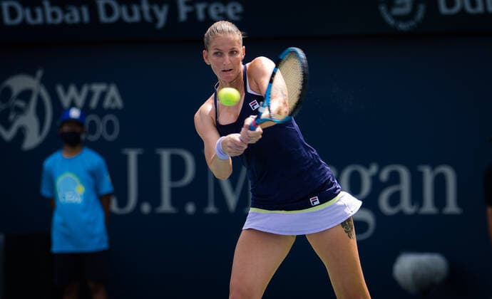 March 10, 2021, DUBAI, UNITED ARAB EMIRATES: Karolina Pliskova of the Czech Republic in action during her third-round match at the 2021 Dubai Duty Free Tennis Championships WTA, Tennis Damen 1000 tournament against Jessica Pegula of the United States DUBAI UNITED ARAB EMIRATES - ZUMAa181 20210310_zaa_a181_021 Copyright: xRobxPrangex