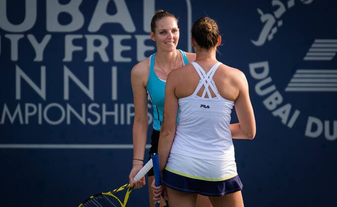March 10, 2021, DUBAI, UNITED ARAB EMIRATES: Karolina Pliskova & Kristyna Pliskova of the Czech Republic playing doubles at the 2021 Dubai Duty Free Tennis Championships WTA, Tennis Damen 1000 tournament DUBAI UNITED ARAB EMIRATES - ZUMAa181 20210310_zaa_a181_108 Copyright: xRobxPrangex