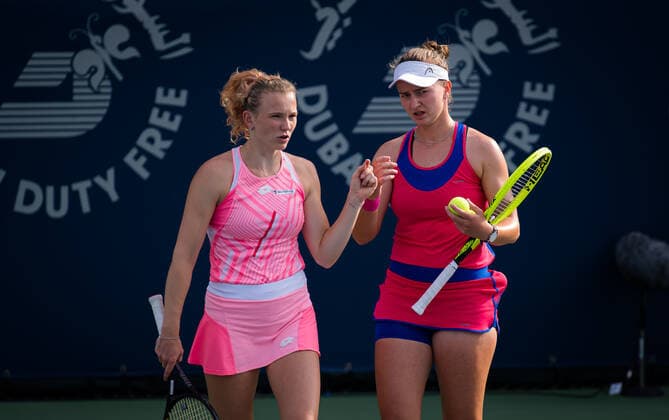 March 10, 2021, DUBAI, UNITED ARAB EMIRATES: Barbora Krejcikova & Katerina Siniakova of the Czech Republic playing doubles at the 2021 Dubai Duty Free Tennis Championships WTA, Tennis Damen 1000 tournament DUBAI UNITED ARAB EMIRATES - ZUMAa181 20210310_zaa_a181_195 Copyright: xRobxPrangex