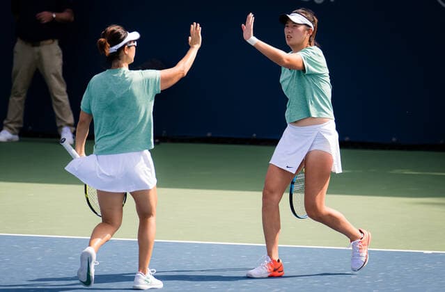 March 11, 2021, DUBAI, UNITED ARAB EMIRATES: Yifan Xu & Zhaoxuan Yang of China playing doubles at the 2021 Dubai Duty Free Tennis Championships WTA, Tennis Damen 1000 tournament DUBAI UNITED ARAB EMIRATES - ZUMAa181 20210311_zaa_a181_004 Copyright: xRobxPrangex