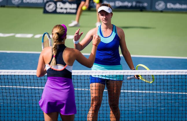 March 11, 2021, DUBAI, UNITED ARAB EMIRATES: Barbora Krejcikova of the Czech Republic & Anastasia Potapova of Russia meet at the net after the quarter-final at the 2021 Dubai Duty Free Tennis Championships WTA, Tennis Damen 1000 tournament DUBAI UNITED ARAB EMIRATES - ZUMAa181 20210311_zaa_a181_017 Copyright: xRobxPrangex