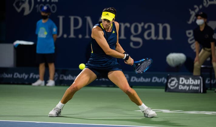 March 11, 2021, DUBAI, UNITED ARAB EMIRATES: Garbine Muguruza of Spain in action during the quarter-final at the 2021 Dubai Duty Free Tennis Championships WTA, Tennis Damen 1000 tournament against Aryna Sabalenka of Belarus DUBAI UNITED ARAB EMIRATES - ZUMAa181 20210311_zaa_a181_061 Copyright: xRobxPrangex