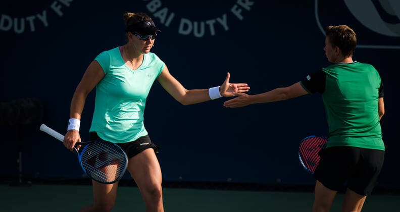 March 11, 2021, DUBAI, UNITED ARAB EMIRATES: Demi Schuurs of the Netherlands & Nicole Melichar of the United States playing doubles at the 2021 Dubai Duty Free Tennis Championships WTA, Tennis Damen 1000 tournament DUBAI UNITED ARAB EMIRATES - ZUMAa181 20210311_zaa_a181_082 Copyright: xRobxPrangex