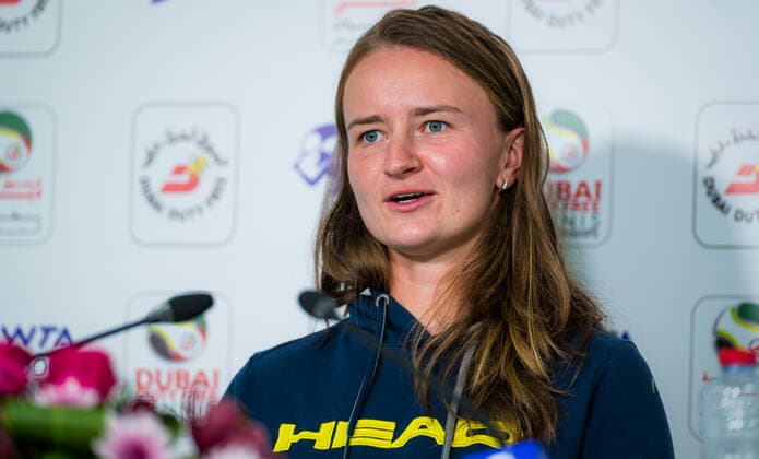 March 11, 2021, DUBAI, UNITED ARAB EMIRATES: Barbora Krejcikova of the Czech Republic talks to the media after the quarter-final at the 2021 Dubai Duty Free Tennis Championships WTA, Tennis Damen 1000 tournament DUBAI UNITED ARAB EMIRATES - ZUMAa181 20210311_zaa_a181_096 Copyright: xRobxPrangex