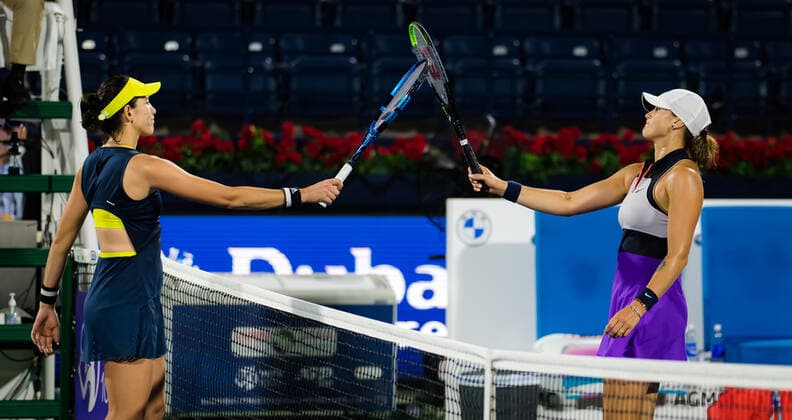 March 11, 2021, DUBAI, UNITED ARAB EMIRATES: Garbine Muguruza of Spain & Aryna Sabalenka of Belarus at the net after the quarter-final at the 2021 Dubai Duty Free Tennis Championships WTA, Tennis Damen 1000 tournament DUBAI UNITED ARAB EMIRATES - ZUMAa181 20210311_zaa_a181_101 Copyright: xRobxPrangex
